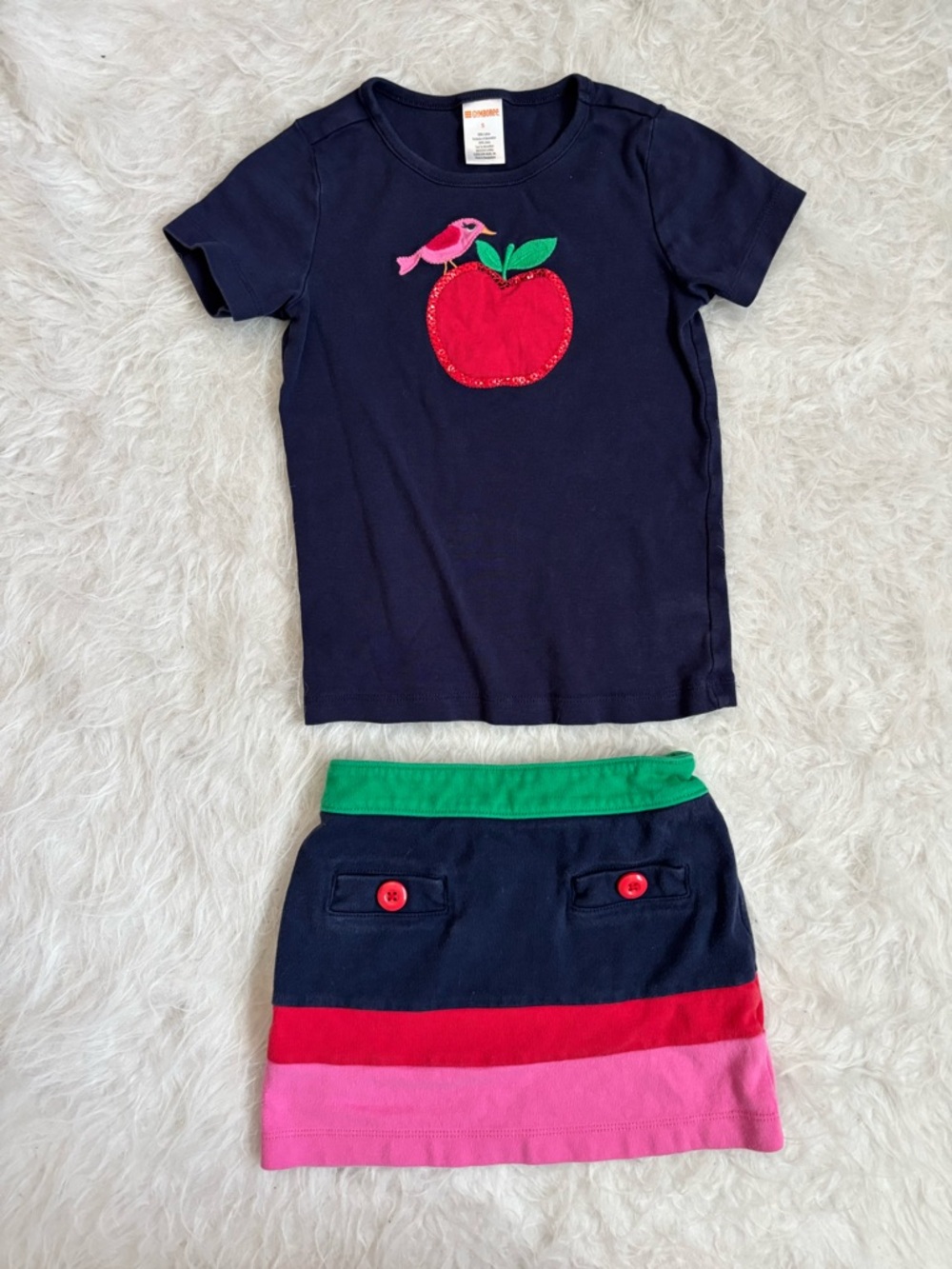 Gymboree Navy, Green & Pink Girls' Skirt Set with Bird & Sparkly Apple Appliqué